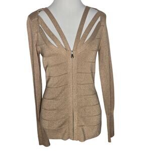 Bebe Y2K Bandage Sexy Cardigan Glam Gold Sparkly Cut Outs Strappy Women Small